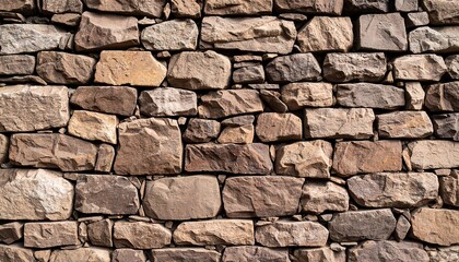 Obraz premium A textured close-up of a rustic stone wall, showcasing various shades of brown and tan stones of irregular shapes and sizes