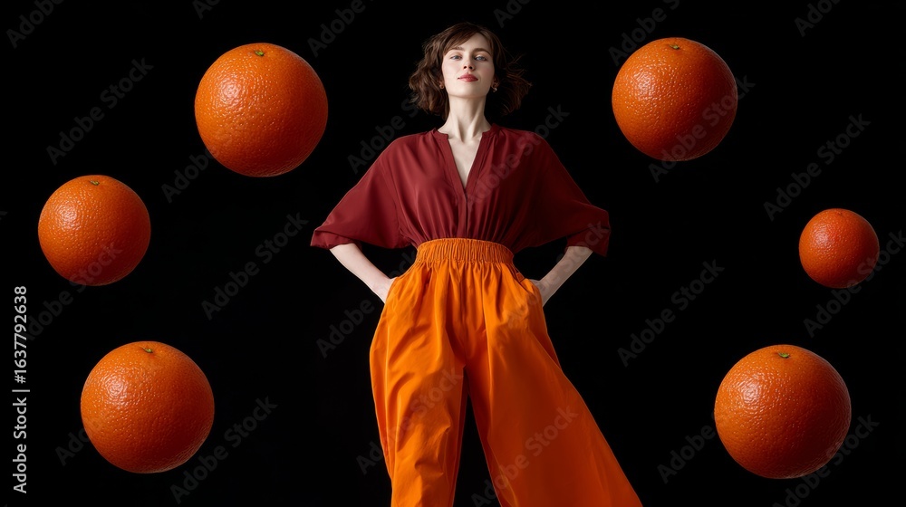 Poster woman is standing in front of a bunch of oranges. the oranges are in different sizes and are scatter