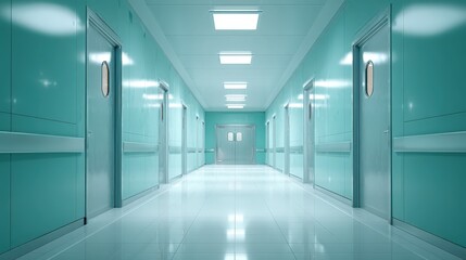 Obraz premium Hospital Hallway with Doors Perspective, Clean Interior Design, Medical Facility Architecture, Clinic Environment, Modern healthcare