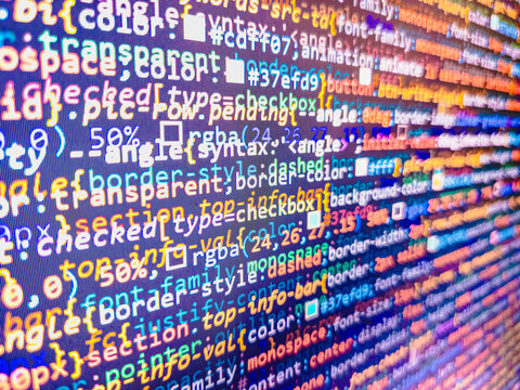 Tensorflow AI concept. Server logs analysis. Strong vintage effect. Modern web development background. Coding programming source code screen. Screen of web developing php code on dark background