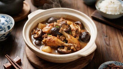 Chicken stewed with mushrooms, exquisitely presented chicken stewed with mushrooms, the chicken is cut into regular pieces, golden and tender, the mushrooms are plump and round, and arranged in an ord
