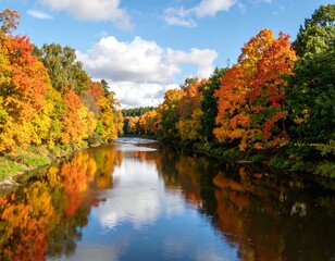 Calm river reflecting autumn foliage