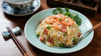A colorful plate of Yangzhou fried rice, with distinct grains of rice fried to golden brown, served with fresh shrimp, diced ham, green beans, diced carrots and chopped green onions.