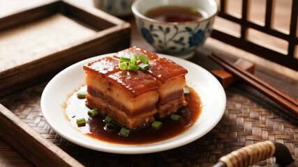 Jiangnan-style Dongpo pork, the whole piece of meat is translucent, soft and tasty, the soup in the dish is golden and shiny, and it is decorated with green garlic and lotus leaves.
