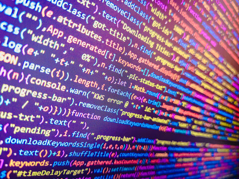 Technology concept hex code digital background. New technology revolution. Mobile app building. Computer programming coding screen source script of developer software at computing work