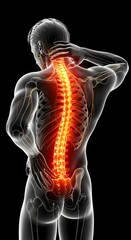Anatomical Spine Illustration with Back Pain on Black Background