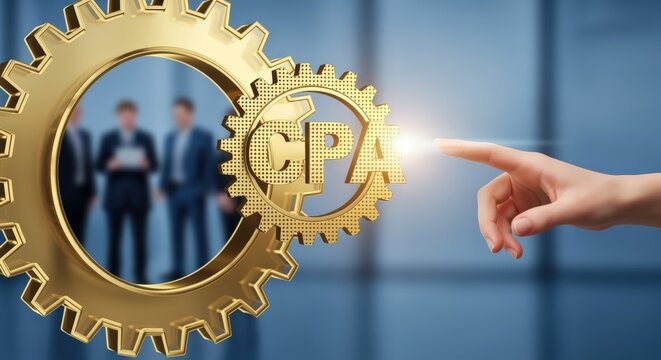 Certified Public Accountant concept with golden gears, finance professionals, hand touching light, representing financial expertise and solutions - Powered by Adobe