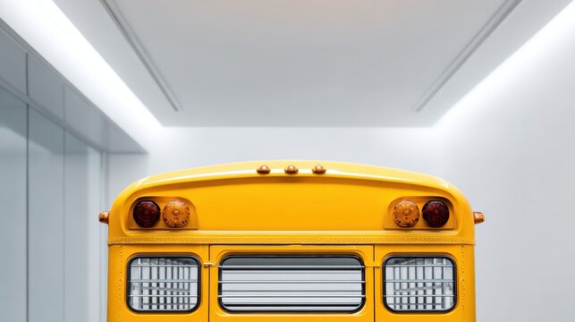 Yellow School Bus Back View Under White Ceiling For Educational Transportation Concept Illustration