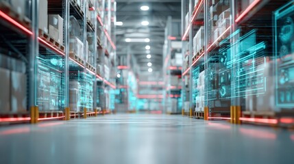Modern Warehouse Interior with Advanced Technology Overlay Displaying Efficient Inventory Management and Streamlined Logistics Operations