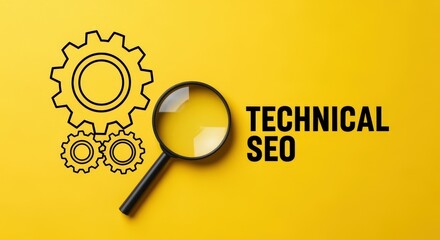 Technical SEO Strategy Concept with Gears and Magnifying Glass on a Yellow Background for Optimization