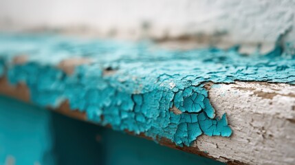 Closeup of peeling turquoise paint on weathered surface, showing age, texture and decay