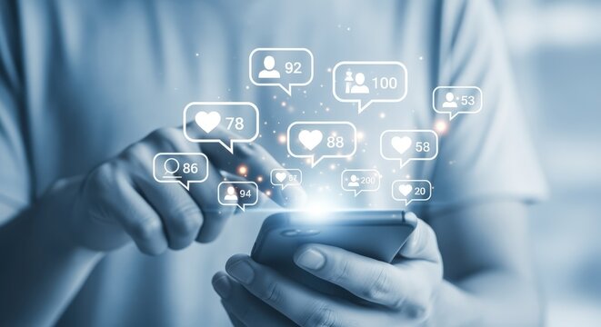 Engaged Person Using Mobile Phone with Floating Social Media Icons, Showing Likes, Followers and Comments