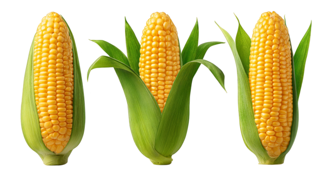 Fresh sweet corn on the cob, a healthy yellow vegetable, isolated on a white background.