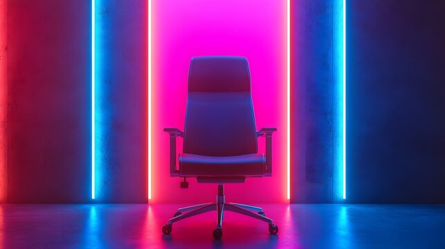 Sleek modern office chair in a futuristic room with glowing pink and blue neon lights, perfect for gaming and technology themes.