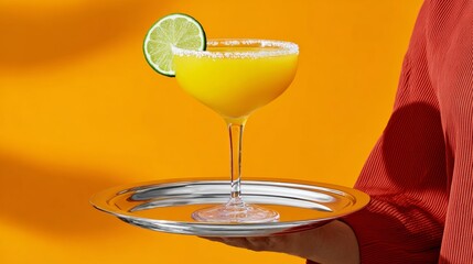Person is holding a glass of orange juice with a lime slice in it. The glass is on a silver tray