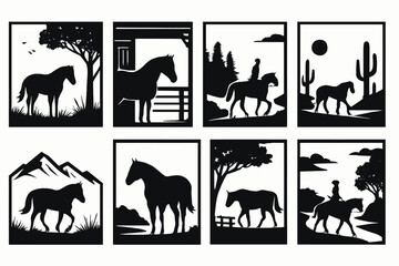 Fototapeta premium Solid black silhouette of horses with different environmental contexts: horse in a field, horse in the stables, horse on a trail, horse in a desert landscape, horse near mountains, and horse in an are