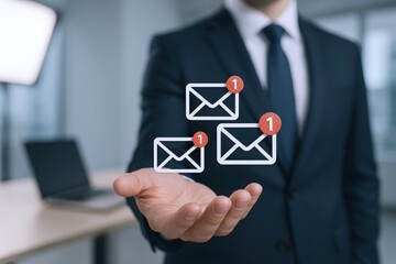 Businessman Displaying Email Notifications: Digital Communication, Inbox Management, and Professional Technology Concept