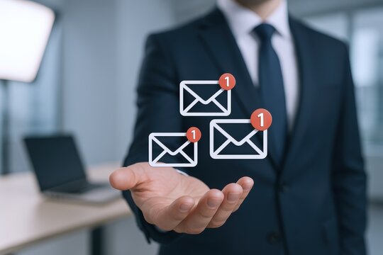 Businessman Displaying Email Notifications: Digital Communication, Inbox Management, and Professional Technology Concept