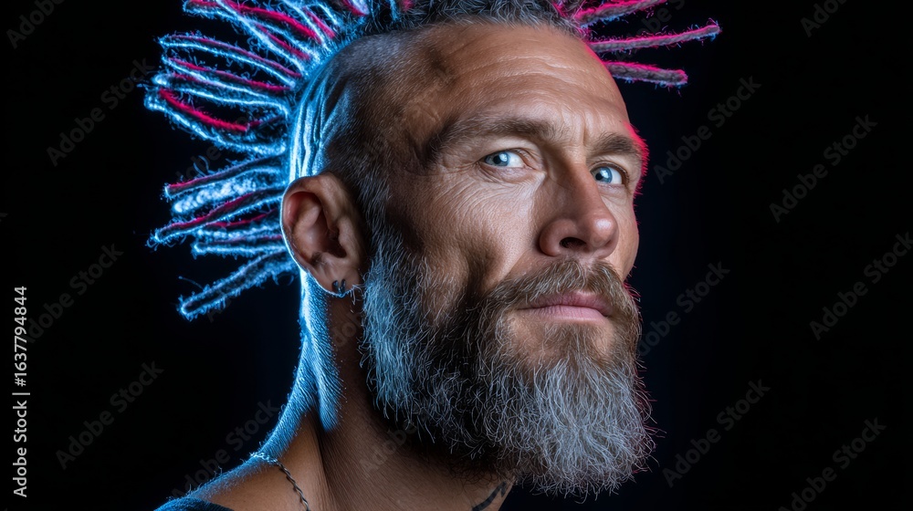 Poster man with a shaved head and a beard is standing in front of a black background. he is wearing a blue 