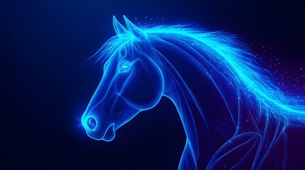 Glowing Neon Blue Horse Head Silhouette on a Dark Background