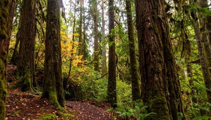 Obraz premium A trail winds through a mossy, temperate rainforest, sunlight dappling the forest floor