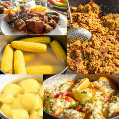 Food collage of main courses with meat and stewed vegetables