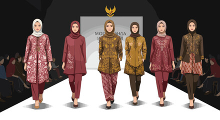 traditional Indonesian attire, one wearing a crown and the other in modest clothing with a hijab, symbolizing cultural diversity.