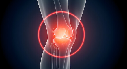 Digital rendering showcasing a human knee joint with inflammation highlighted in red circle