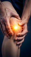 Painful Knee Being Massaged with Orange Glowing Flare on Dark Background