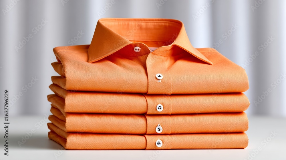 Poster stack of orange shirts on a table. the shirts are neatly folded and stacked on top of each other. co