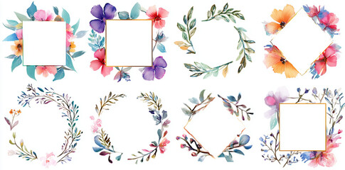 Floral watercolor borders feature soft texture and white surfaces. For wedding invites, branding, or design templates.