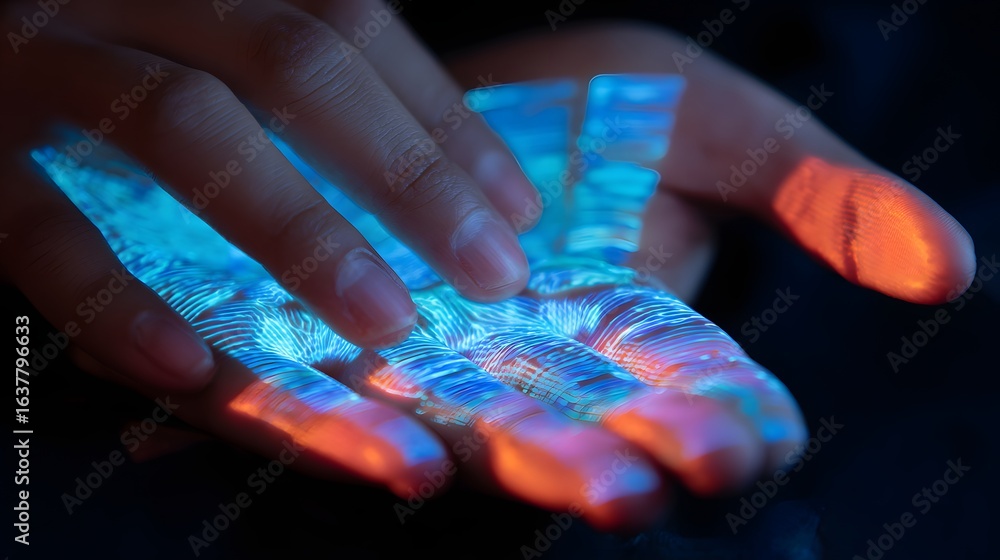 Poster projected fingerprint patterns on hands.