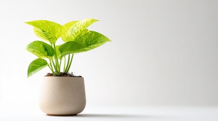 Fototapeta premium Potted Pothos Plant with Vibrant Green Leaves on White Background, Decorative Indoor Plant