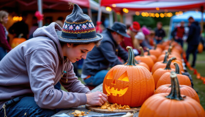 Carving pumpkins is fun and creative activity enjoyed by many during fall season. person is focused carving pumpkin, surrounded by others engaged same festive task. atmosphere is lively and filled