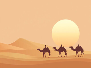 An artistic depiction of a camel caravan journeying across a desert landscape at sunset. The silhouettes of the camels and riders are framed by sand dunes and mountains, with a large, bright sun in th