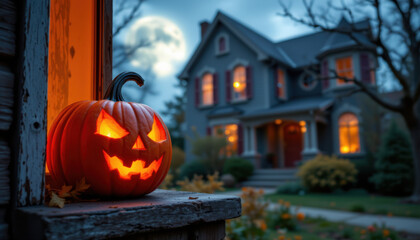 Obraz premium Glowing jack o lantern sits windowsill, casting eerie light. In background, charming Victorian house is illuminated by warm lights, with full moon rising night sky, creating spooky yet inviting