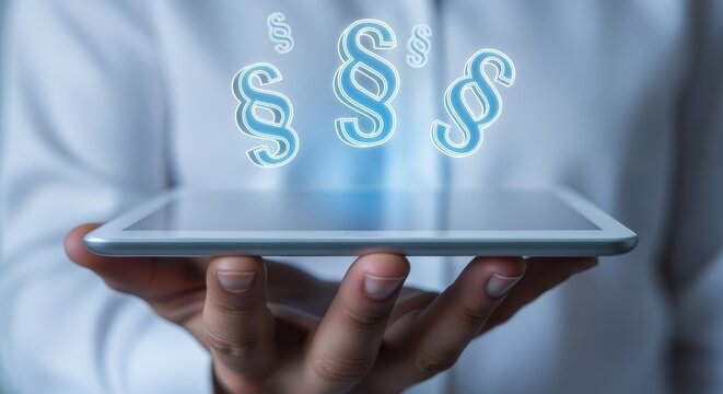 Legal Technology: Person Holding Tablet Displaying Paragraph Symbols, Representing Legal Services and Digital Law
