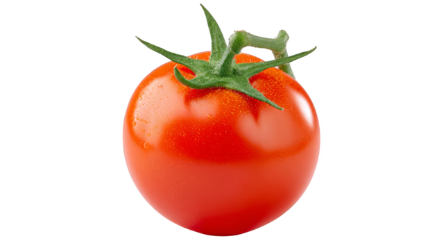 A vibrant red tomato illustration perfect for use as digital clipart in graphic design showing a fresh ripe vegetable graphic with a green stem and leaf isolated on a clean background.