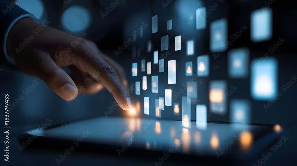 Poster hand interacting with a digital tablet displaying multiple graphic elements.