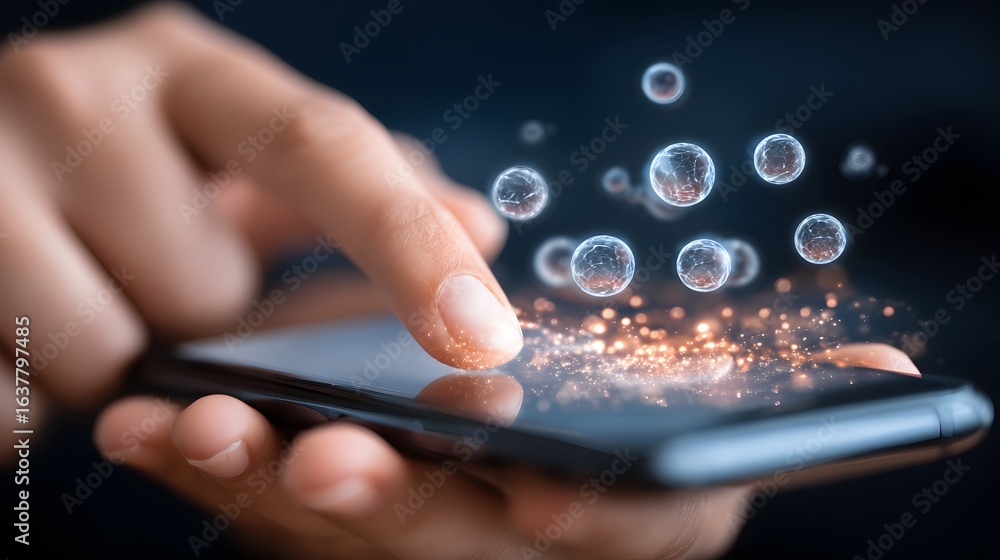Poster A hand interacts with a smartphone displaying a holographic projection.