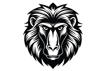 A strong black and white baboon face with fierce eyes looks straight ahead