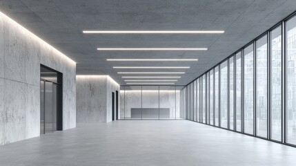 Obraz premium Modern Office Lobby with Concrete Walls, Glass Windows, and Minimalist Lighting Design for Commercial Real Estate