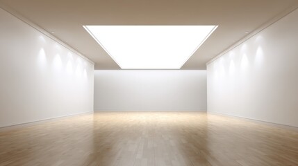 Obraz premium Bright Modern Gallery Interior with White Walls, Wood Floor, and Skylight - Empty Space