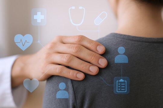 Doctor's Hand on Patient Shoulder with Medical Icons, Healthcare Professional Offering Support and Digital Health Concept