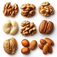 Assortment of Various Nuts Including Walnuts, Cashews, Almonds, and Hazelnuts on White Background