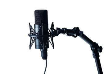 Professional studio microphone on a boom arm against a black background