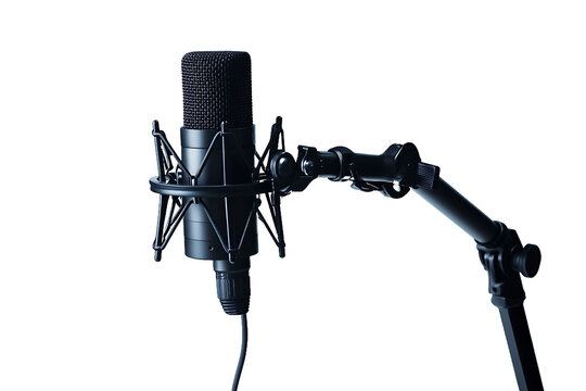 Professional studio microphone on a boom arm against a black background