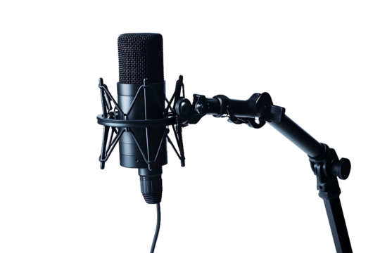 Professional studio microphone on a boom arm against a black background