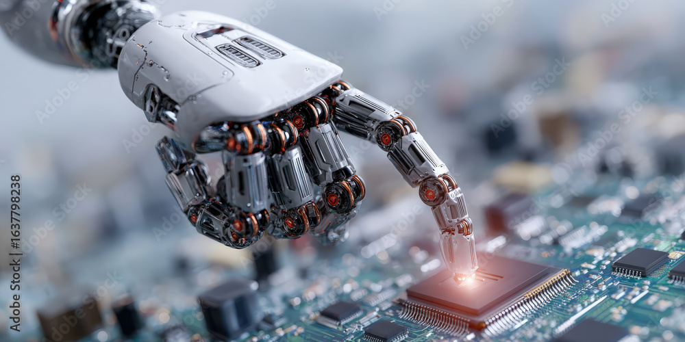 Poster robotic hand interacts with microchip on circuit board, symbolizing intersection of artificial intel