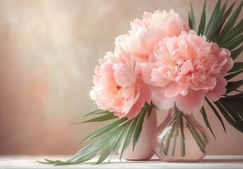 Soft Pink Peonies in Elegant Vase with Green Leaves Against Blurred Background for Floral Decor